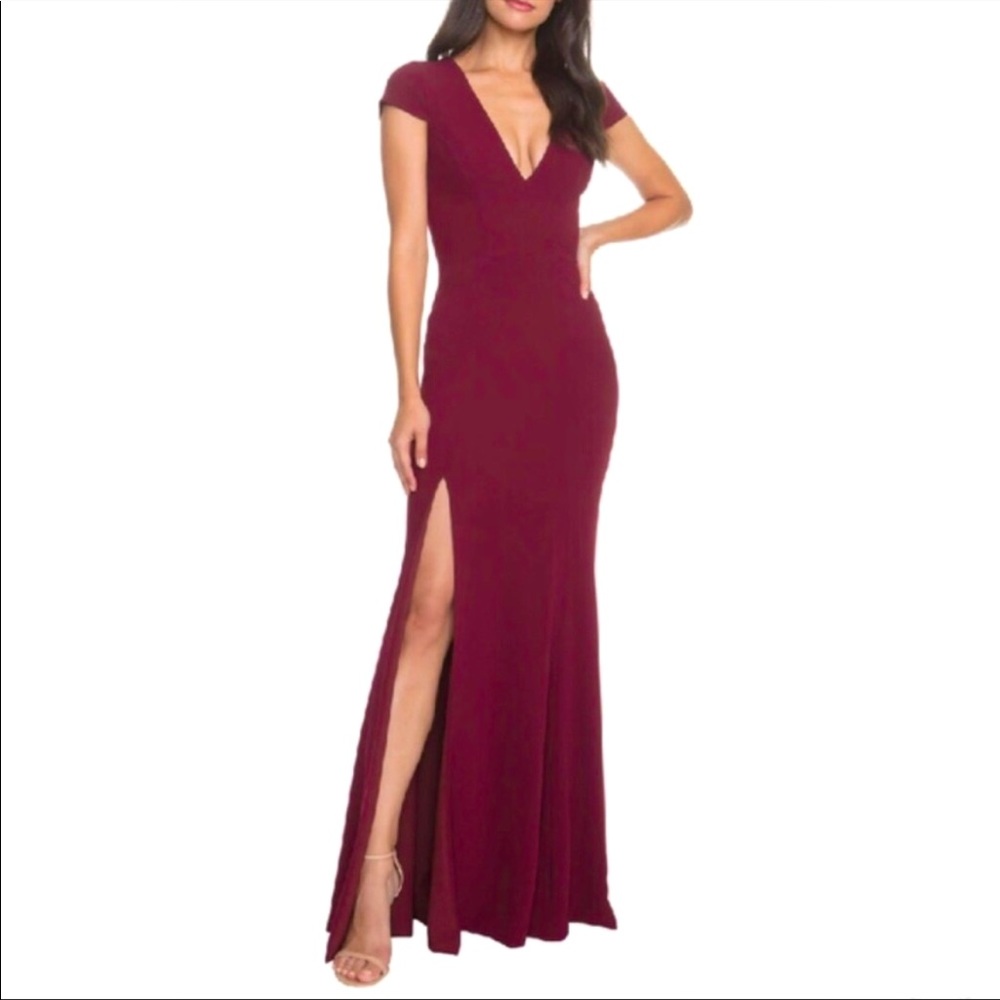 Dress The Population Karla V Neck Trumpet Gown Burgundy Size XL Leg Slit
